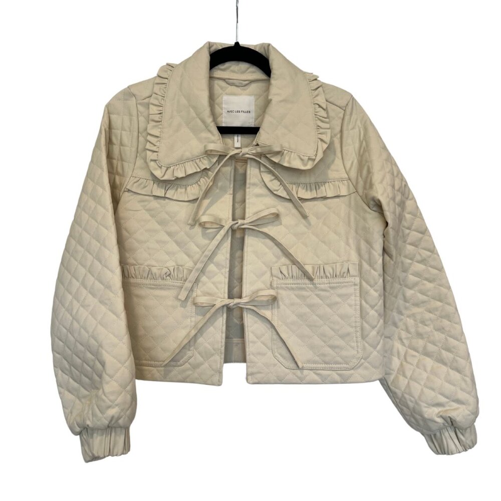 Avec Les Filles Quilted Tie-Front Jacket – Ruffle Collar Cottagecore Style, S